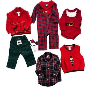 Janie and Jack Boys Christmas Lot‎ of 7 Size 6-12M Red Green Plaid Corduroy